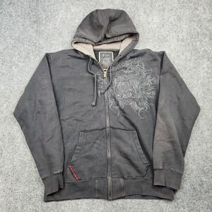 VTG Fox Hoodie Mens Large Gray Deluxe Zip Skull Graphic Fleece Sweatshirt Moto